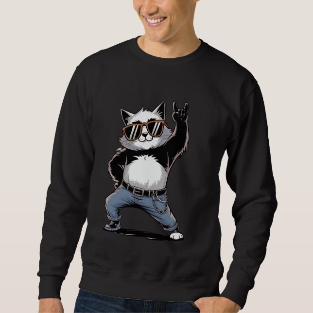 Retro Cat Rock n Roll Cat Lover Music Sweatshirt (Front)