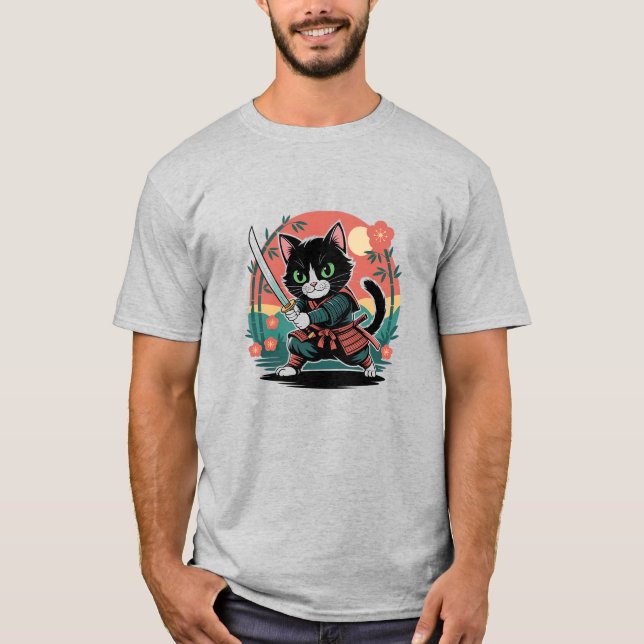 Retro Cat Samurai Japanese Warrior Art T-Shirt (Front)