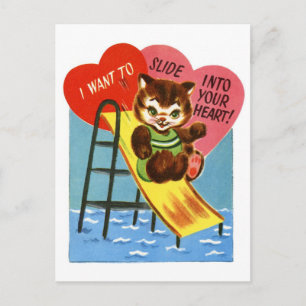 Retro Cat Sliding Into Your Heart Valentine Postcard