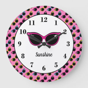 Retro Cat Sunglasses Pattern Pink Personalised Large Clock