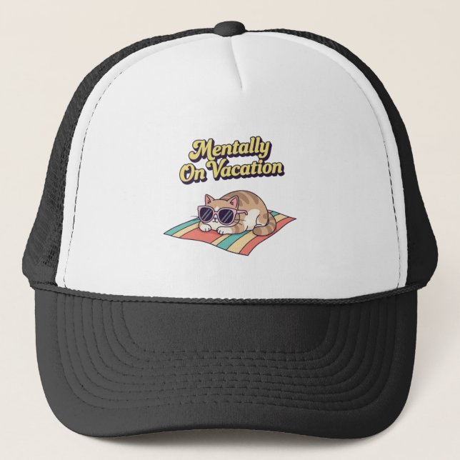 Retro Cat Vacation Mode Trucker Hat (Front)