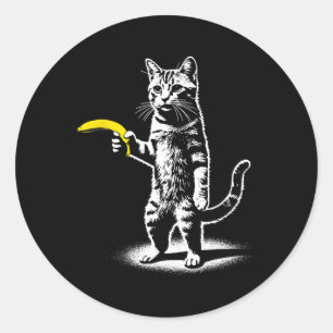 Retro Cat With Banana Meme Men Women Kids Novelty  Classic Round Sticker