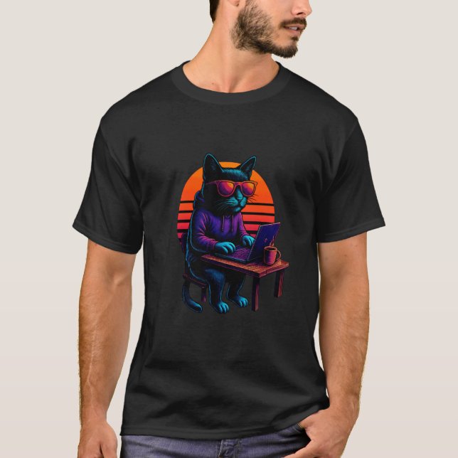 Retro Cat With Code Software Skills Computer Progr T-Shirt (Front)
