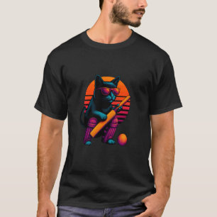 Retro Cat With Cricket Bat Cricket Player T-Shirt