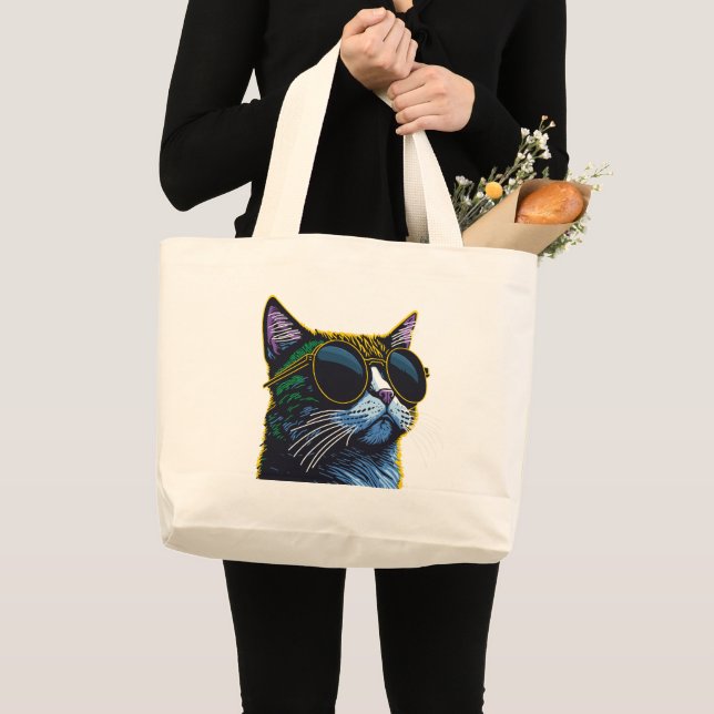 Retro Cat: Yellow Glasses Charm Large Tote Bag (Front (Product))
