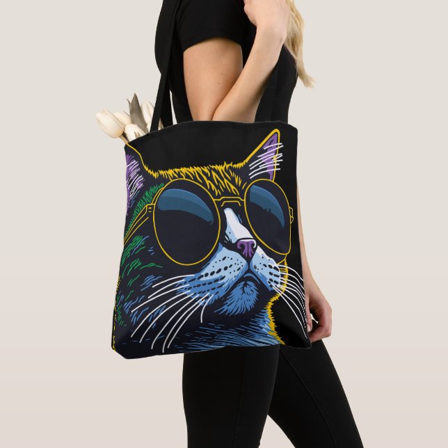 Retro Cat: Yellow Glasses Charm Tote Bag (Close Up)