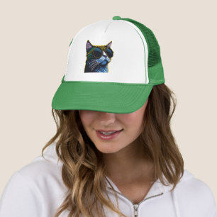 Retro Cat: Yellow Glasses Charm Trucker Hat