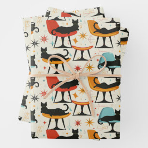 Retro Cats on Chair Pattern Wrapping Paper Sheet