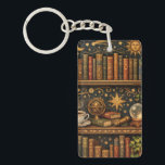 Retro celestial bookshelf book coffee lover key ring<br><div class="desc">A cozy retro-inspired design featuring a charming celestial bookshelf filled with vintage books,  delicate botanical accents,  cosmic design elements and a comforting cup of tea or coffee.</div>