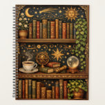 Retro celestial bookshelf book coffee lover planner<br><div class="desc">A cozy retro-inspired design featuring a charming celestial bookshelf filled with vintage books,  delicate botanical accents,  cosmic design elements and a comforting cup of tea or coffee.</div>