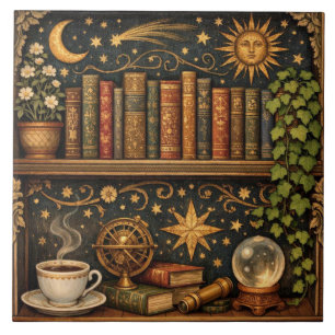 Retro celestial bookshelf book coffee lover tile