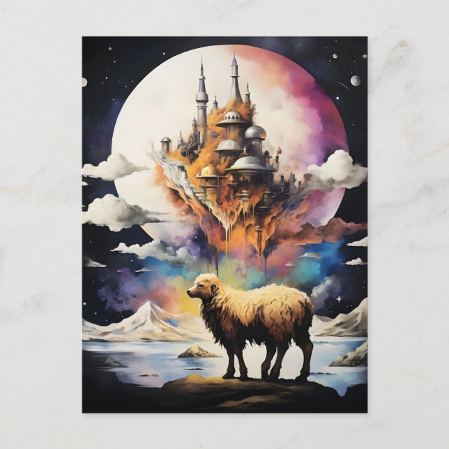 Retro Celestial Moon Sheep Adventure Holiday Postcard (Front)
