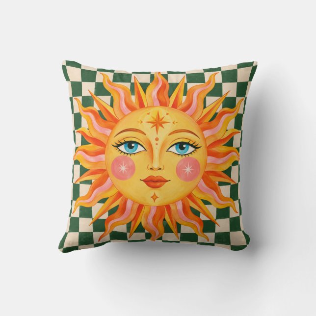 Retro Celestial Sun Green Checkerboard Cushion (Back)