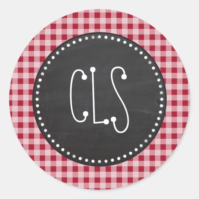 Retro Chalkboard; Carmine Red Gingham; Chequered Classic Round Sticker (Front)