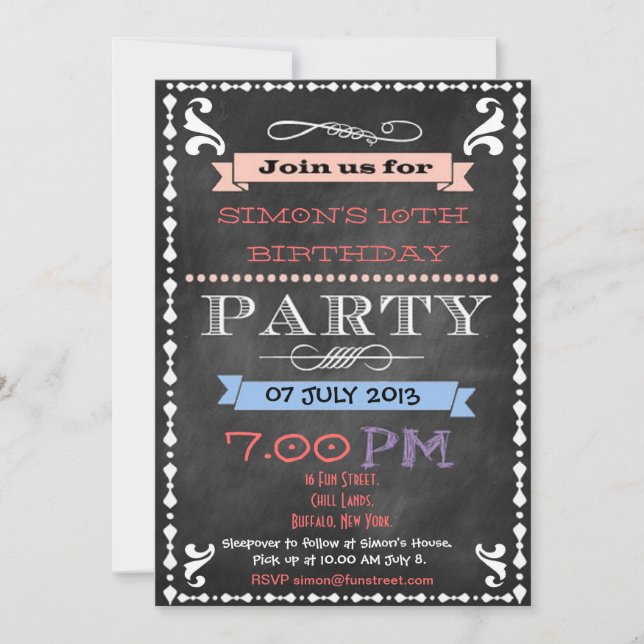 Retro Chalkboard Kids Birthday Party Invitation (Front)