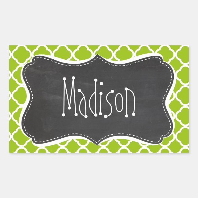 Retro Chalkboard look; Apple Green Quatrefoil Rectangular Sticker (Front)