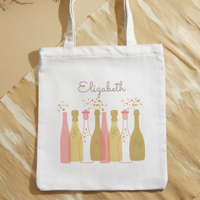 Retro Champagne Bottles Personalised Retro 1960s  Tote Bag (This champagne tote features pastel-colored rose and gold bottles for a pretty glam 1960s look.)