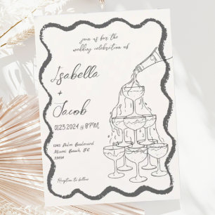 Retro Champagne Tower Wavy Hand Drawn Wedding Invitation