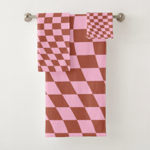 Retro Check Pattern Pink And Brown Checkerboard Bath Towel Set