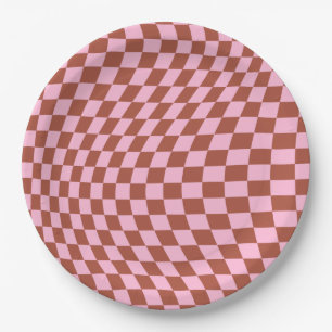 Retro Check Pattern Pink And Brown Chequerboard Paper Plate