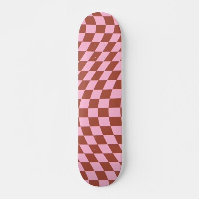 Retro Check Pattern Pink And Brown Chequerboard Skateboard (Front)