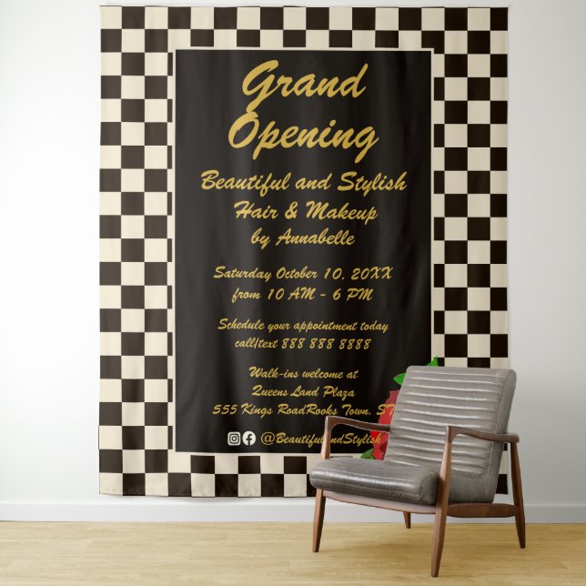 Retro Check Red Rose Event Backdrop Tapestry (In Situ)