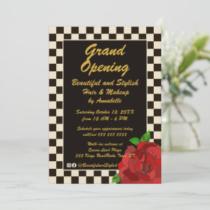 Retro Check Red Rose Grand Opening Invitation