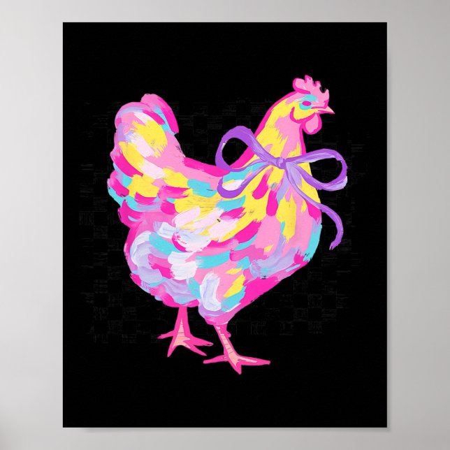 Retro Checked Coquette Easter Chicken Brushstroke  Poster (Front)