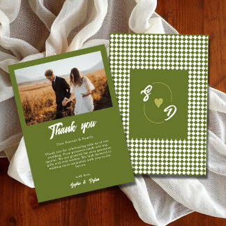Retro Checker Olive green Minimalist Wedding Thank You Card