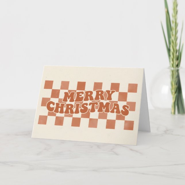 Retro Checkerboard Boho Merry Christmas Holiday Card (Front)
