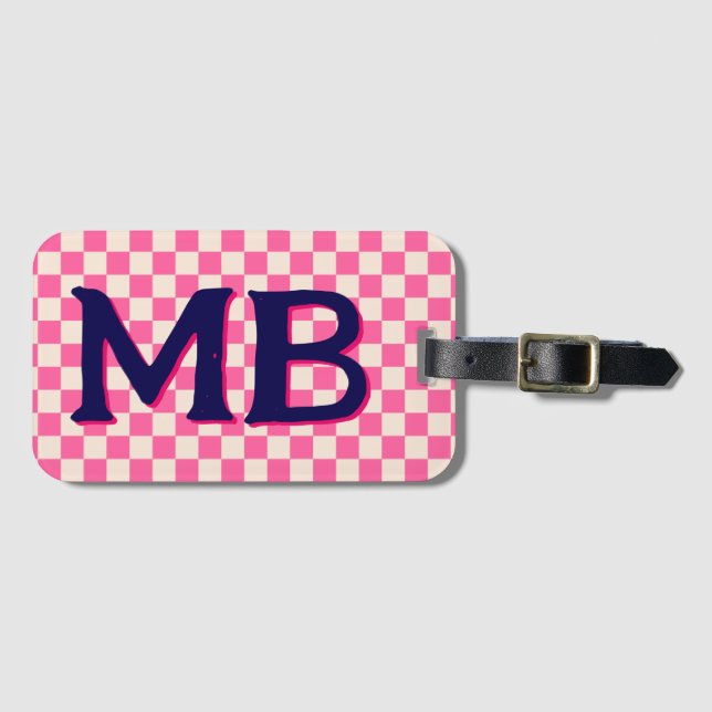 Retro Checkerboard Checkered Pattern Pink Blue Luggage Tag (Front Horizontal)