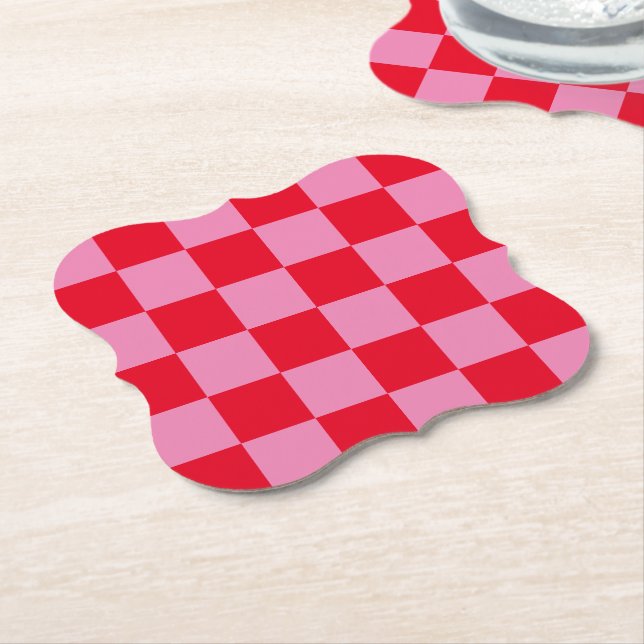 Retro Checkerboard Checkered Pattern Pink Orange Paper Coaster (Angled)