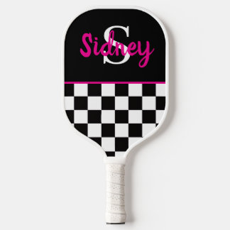 Retro Checkerboard Neon Pink Name Monogam Pickleball Paddle