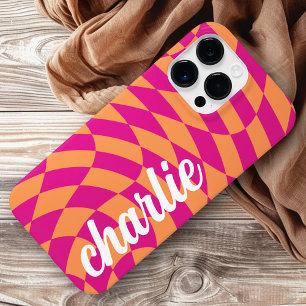 Retro checkerboard swirl wave hot pink orange Case-Mate iPhone 14 pro max case