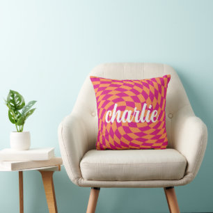 Retro checkerboard swirl wave hot pink orange cushion