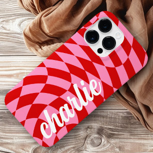 Retro checkerboard swirl wave pink red Case-Mate iPhone 14 pro max case