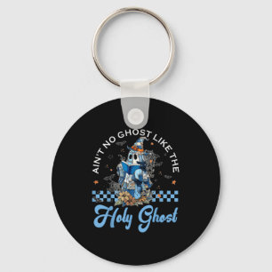 Retro Checkered Floral Denim Ghost Black Cat Witch Key Ring