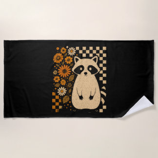 Retro Checkered Halloween Raccoon Beach Towel