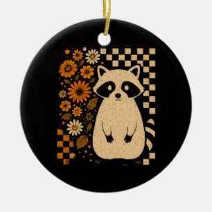 Retro Checkered Halloween Raccoon Ceramic Tree Decoration