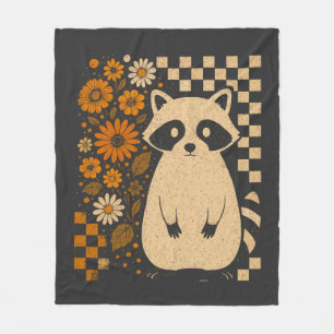Retro Checkered Halloween Raccoon Fleece Blanket