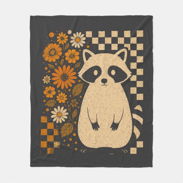 Retro Checkered Halloween Raccoon Fleece Blanket (Front)