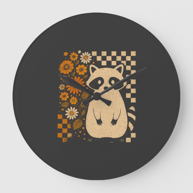 Retro Checkered Halloween Raccoon Large Clock (Front)