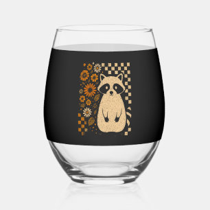 Retro Checkered Halloween Raccoon Stemless Wine Glass