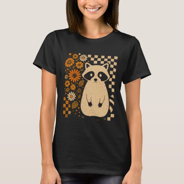 Retro Checkered Halloween Raccoon T-Shirt (Front)