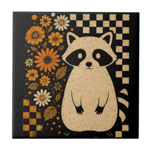 Retro Checkered Halloween Raccoon Tile