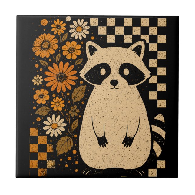 Retro Checkered Halloween Raccoon Tile (Front)