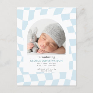 Retro Checks Blue Boy Photo Birth Announcement Postcard