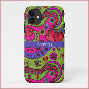 Retro Cheerful Hearts and Flowers Multicolor Case-Mate iPhone Case