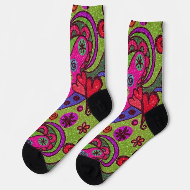 Retro Cheerful Hearts and Flowers Multicolor Socks (Left)