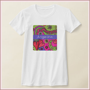 Retro Cheerful Hearts and Flowers Multicolor T-Shirt